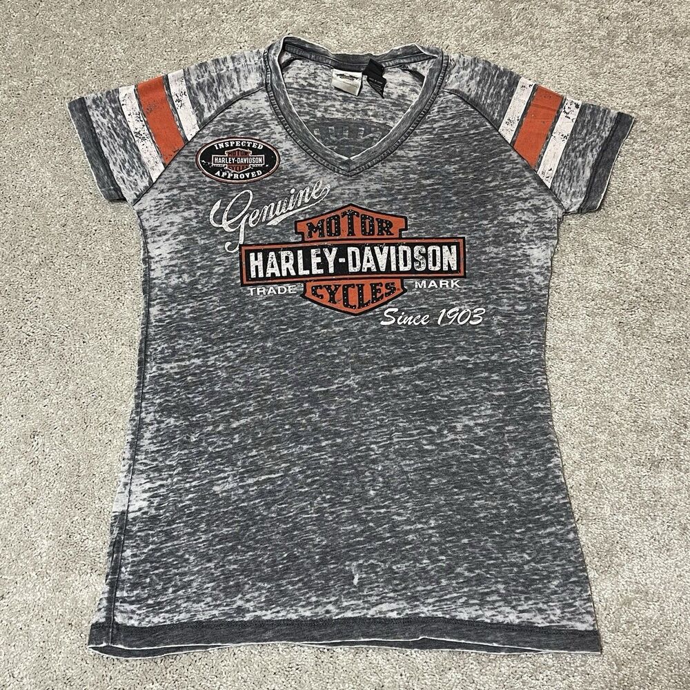 Harley Davidson T-Shirt Womens Large Rhinestone Embellished V-Neck Graphic Top